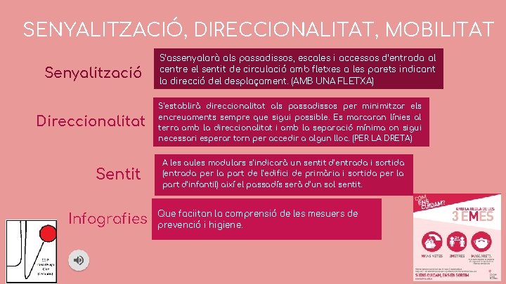 SENYALITZACIÓ, DIRECCIONALITAT, MOBILITAT Senyalització Direccionalitat Sentit Infografies S’assenyalarà als passadissos, escales i accessos d’entrada