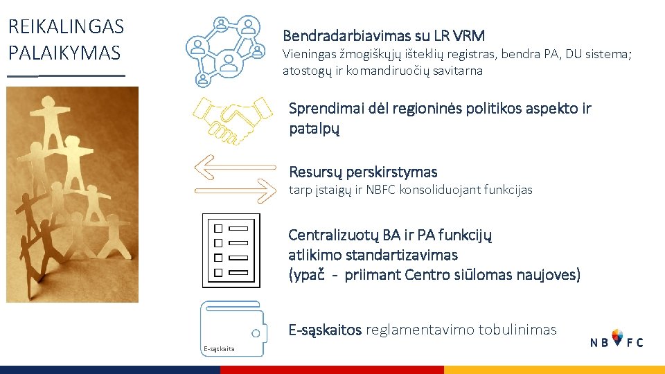 REIKALINGAS PALAIKYMAS Bendradarbiavimas su LR VRM Vieningas žmogiškųjų išteklių registras, bendra PA, DU sistema;