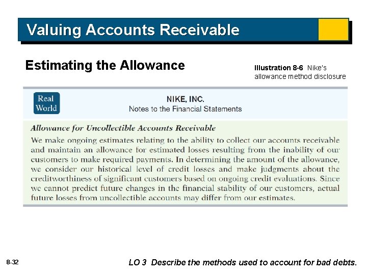 Valuing Accounts Receivable Estimating the Allowance 8 -32 Illustration 8 -6 Nike’s allowance method