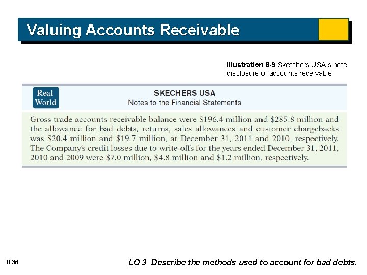 Valuing Accounts Receivable Illustration 8 -9 Sketchers USA’s note disclosure of accounts receivable 8