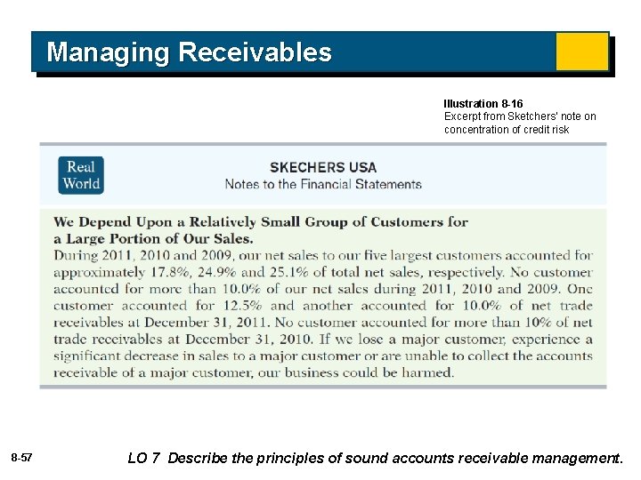 Managing Receivables Illustration 8 -16 Excerpt from Sketchers’ note on concentration of credit risk