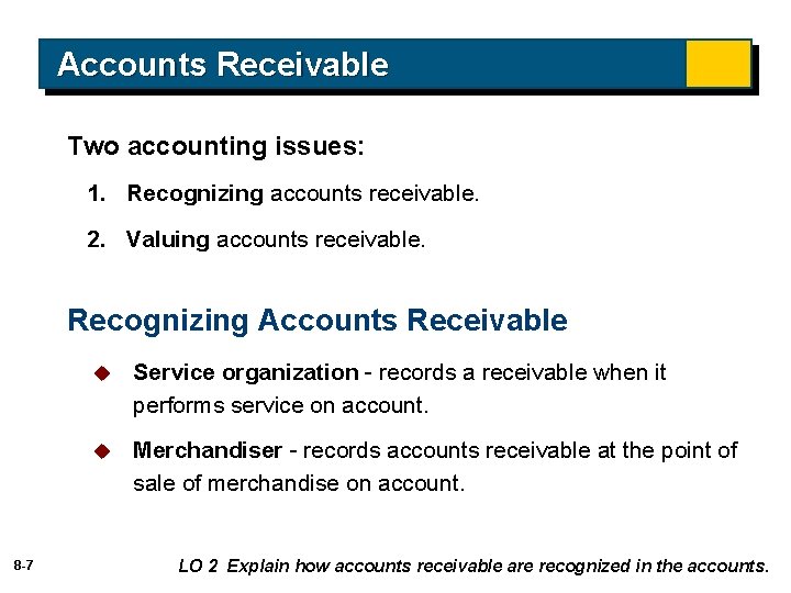 Accounts Receivable Two accounting issues: 1. Recognizing accounts receivable. 2. Valuing accounts receivable. Recognizing