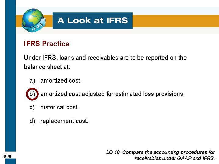 IFRS Practice Under IFRS, loans and receivables are to be reported on the balance