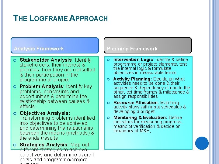 THE LOGFRAME APPROACH Analysis Framework Stakeholder Analysis: Identify stakeholders, their interest & priorities, how