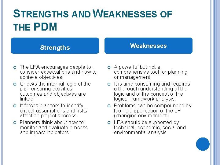 STRENGTHS AND WEAKNESSES OF THE PDM Weaknesses Strengths The LFA encourages people to consider