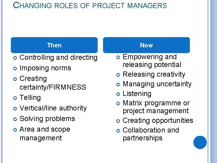 CHANGING ROLES OF PROJECT MANAGERS Then Controlling and directing Imposing norms Creating certainty/FIRMNESS Telling