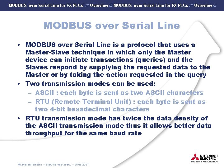 MODBUS over Serial Line for FX PLCs /// Overview /// MODBUS over Serial Line