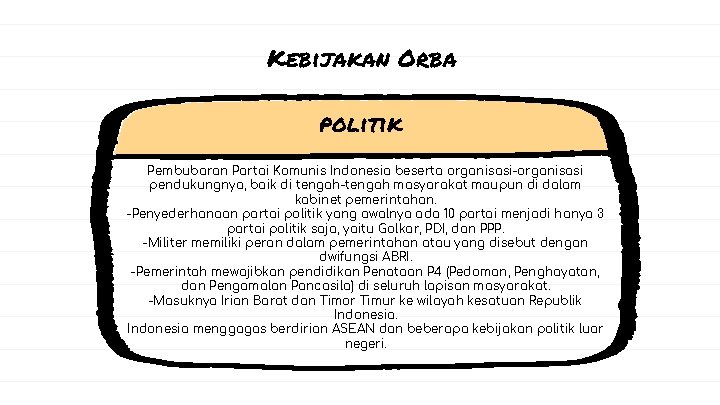 Kebijakan Orba politik Pembubaran Partai Komunis Indonesia beserta organisasi-organisasi pendukungnya, baik di tengah-tengah masyarakat