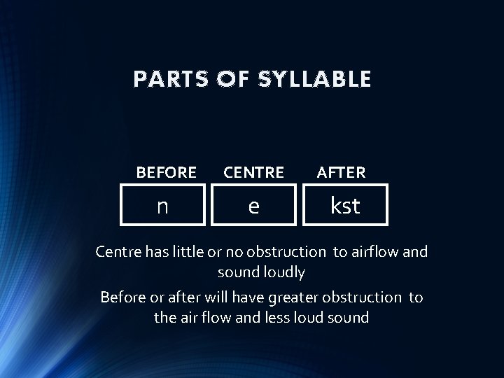 PARTS OF SYLLABLE BEFORE CENTRE AFTER n e kst Centre has little or no