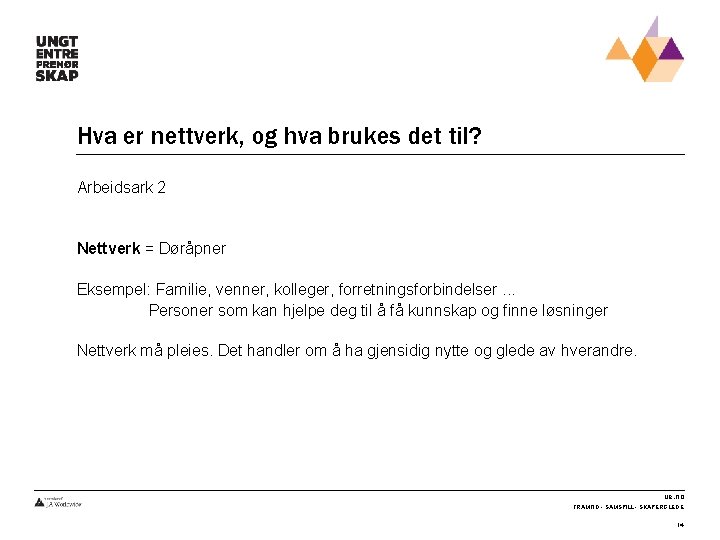 Hva er nettverk, og hva brukes det til? Arbeidsark 2 Nettverk = Døråpner Eksempel: