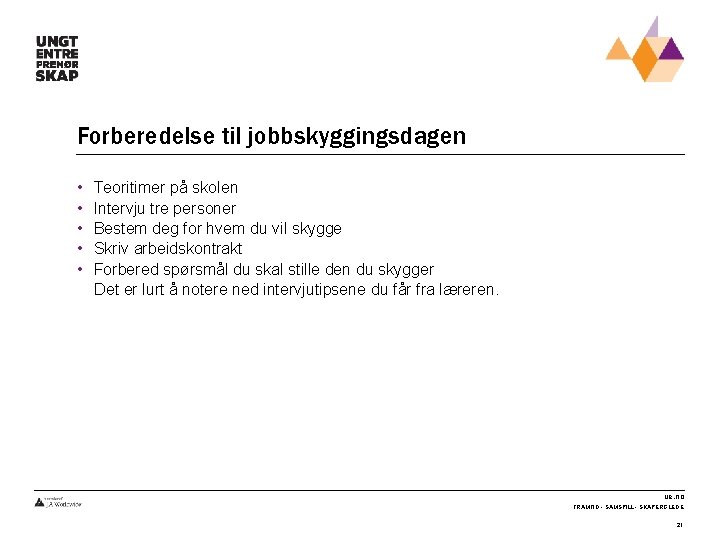 Forberedelse til jobbskyggingsdagen • • • Teoritimer på skolen Intervju tre personer Bestem deg
