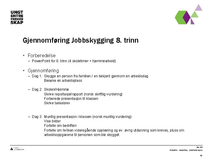 Gjennomføring Jobbskygging 8. trinn • Forberedelse – Power. Point for 8. trinn (4 skoletimer