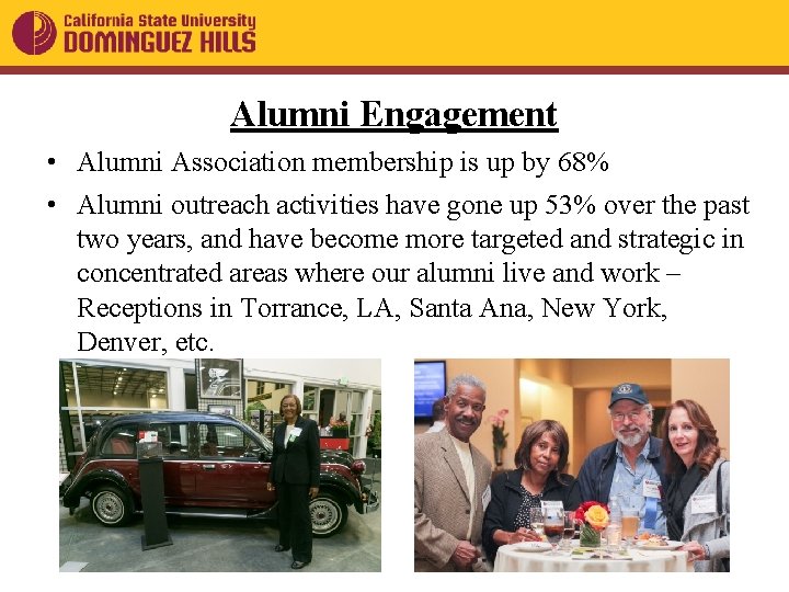 Alumni Engagement • Alumni Association membership is up by 68% • Alumni outreach activities