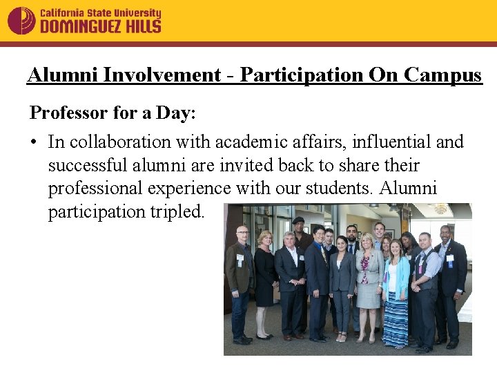 Alumni Involvement - Participation On Campus Professor for a Day: • In collaboration with