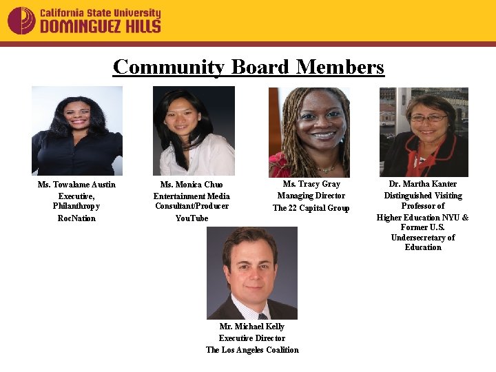 Community Board Members Ms. Towalame Austin Executive, Philanthropy Roc. Nation Ms. Monica Chuo Entertainment