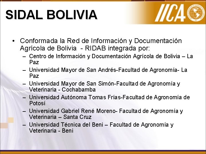 SIDAL BOLIVIA • Conformada la Red de Información y Documentación Agrícola de Bolivia -