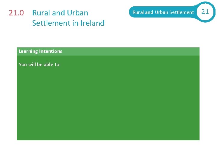 21. 0 Rural and Urban Settlement in Ireland Rural and Urban Settlement Learning Intentions