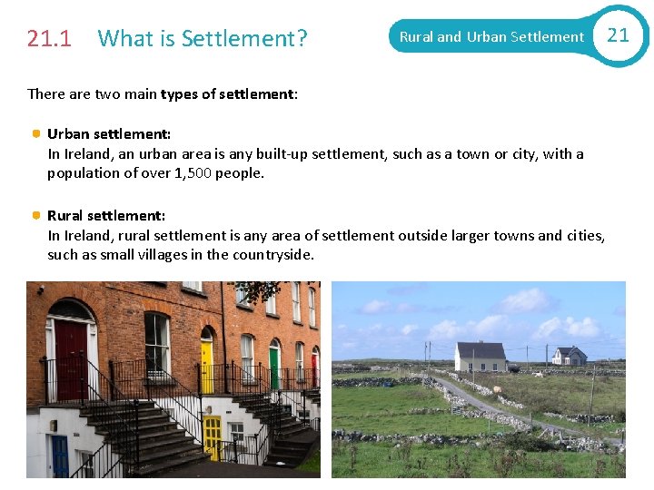 21. 1 What is Settlement? Rural and Urban Settlement There are two main types