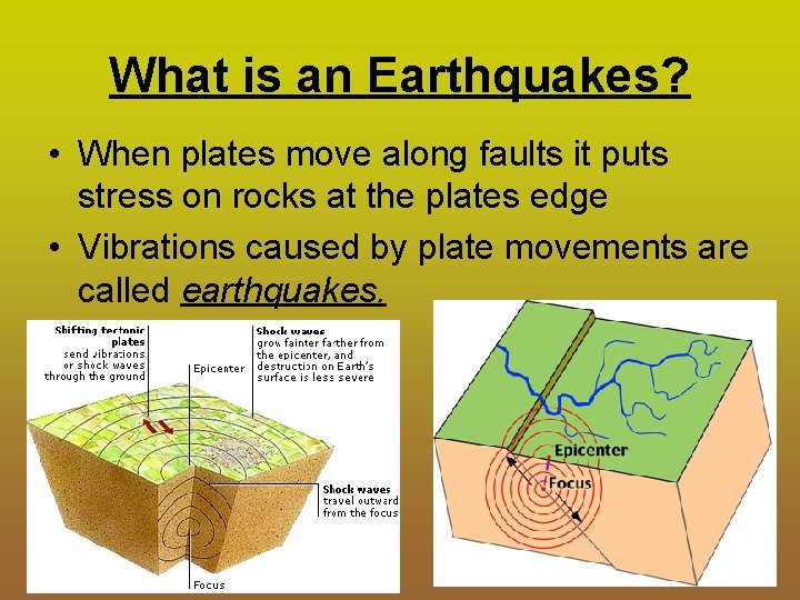 What is an Earthquakes? • When plates move along faults it puts stress on