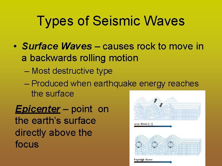 Types of Seismic Waves • Surface Waves – causes rock to move in a