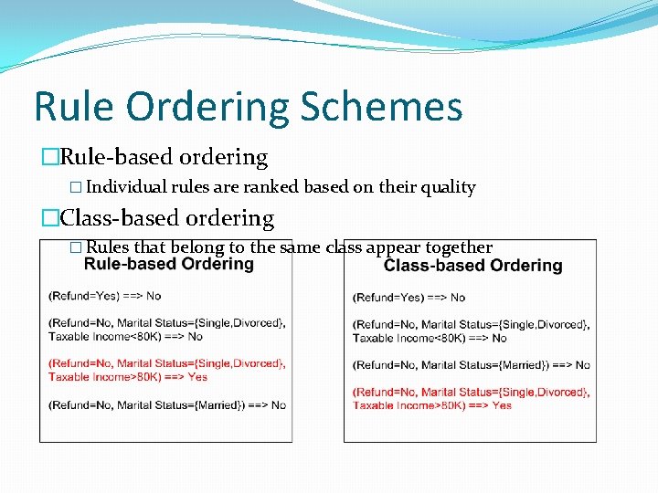 Rule Ordering Schemes �Rule-based ordering � Individual rules are ranked based on their quality