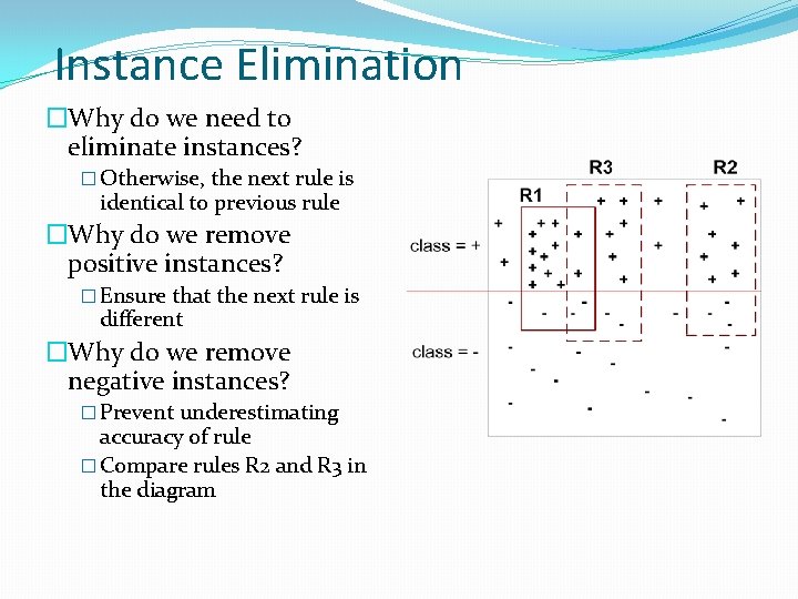Instance Elimination �Why do we need to eliminate instances? � Otherwise, the next rule