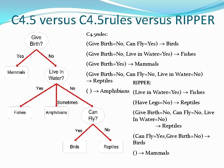 C 4. 5 versus C 4. 5 rules versus RIPPER C 4. 5 rules: