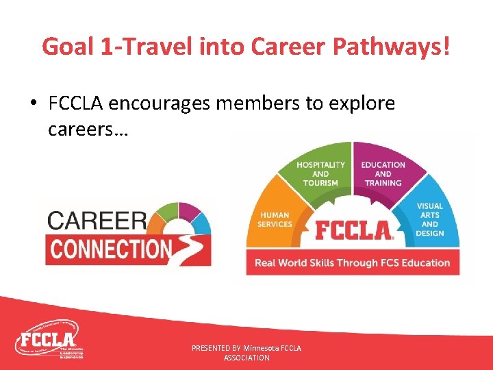 Goal 1 -Travel into Career Pathways! • FCCLA encourages members to explore careers… PRESENTED