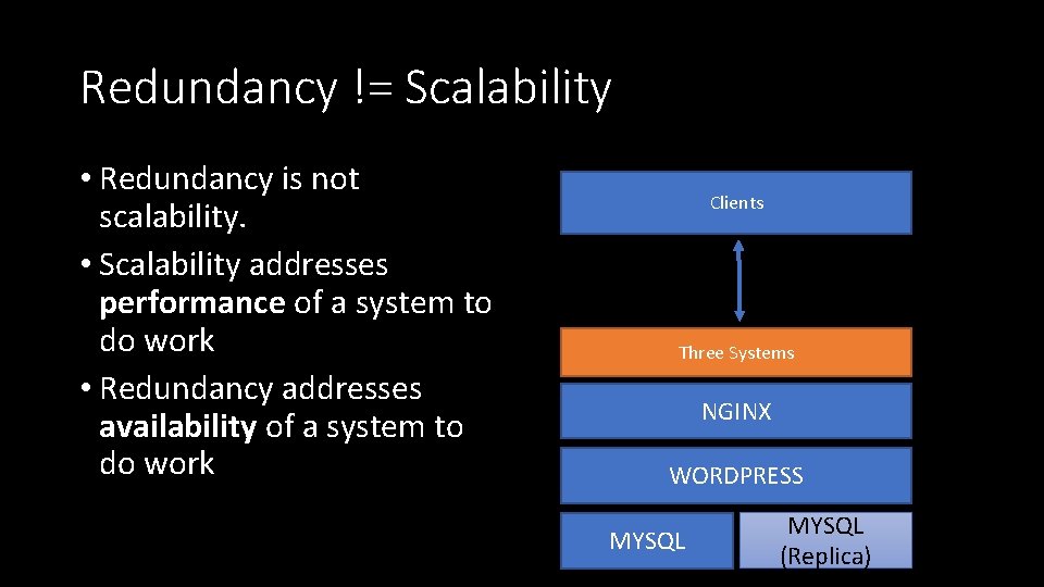 Redundancy != Scalability • Redundancy is not scalability. • Scalability addresses performance of a