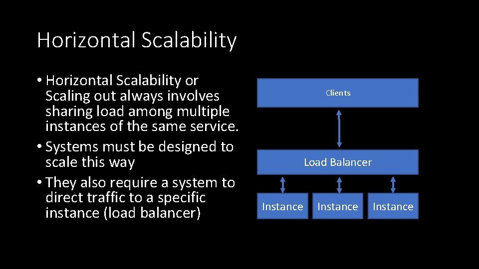 Horizontal Scalability • Horizontal Scalability or Scaling out always involves sharing load among multiple