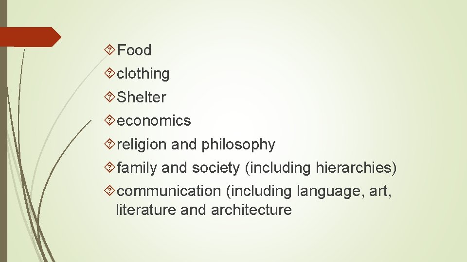  Food clothing Shelter economics religion and philosophy family and society (including hierarchies) communication