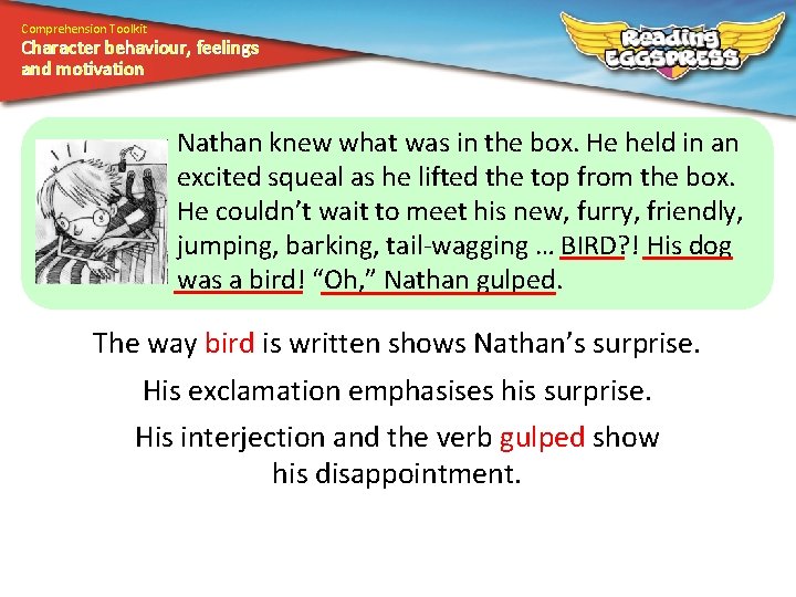 Comprehension Toolkit Character behaviour, feelings and motivation Nathan knew what was in the box.