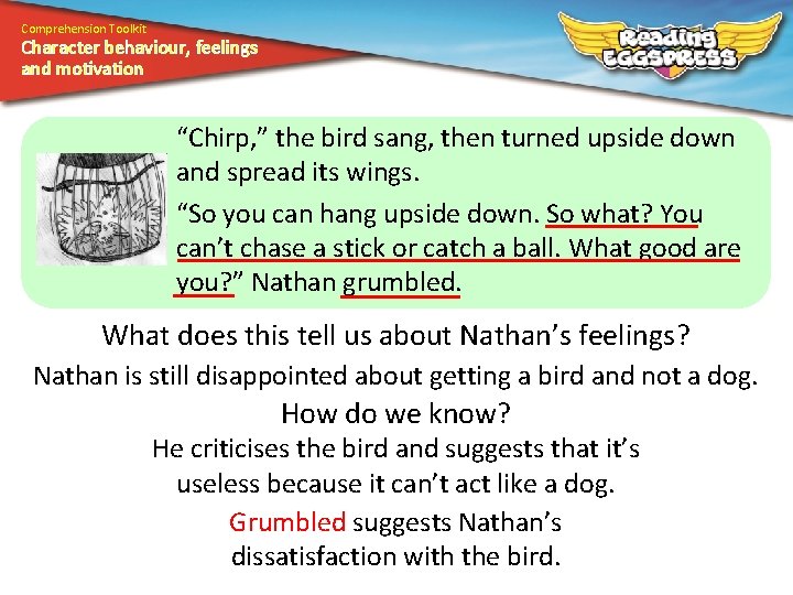 Comprehension Toolkit Character behaviour, feelings and motivation “Chirp, ” the bird sang, then turned