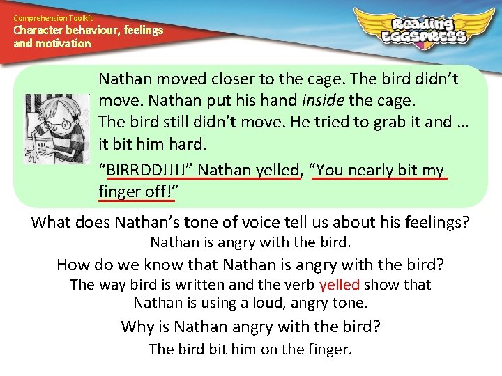 Comprehension Toolkit Character behaviour, feelings and motivation Nathan moved closer to the cage. The