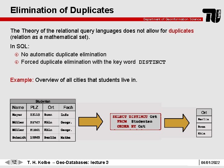 Elimination of Duplicates Department of Geoinformation Science Theory of the relational query languages does