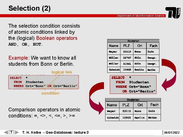 Selection (2) Department of Geoinformation Science The selection condition consists of atomic conditions linked