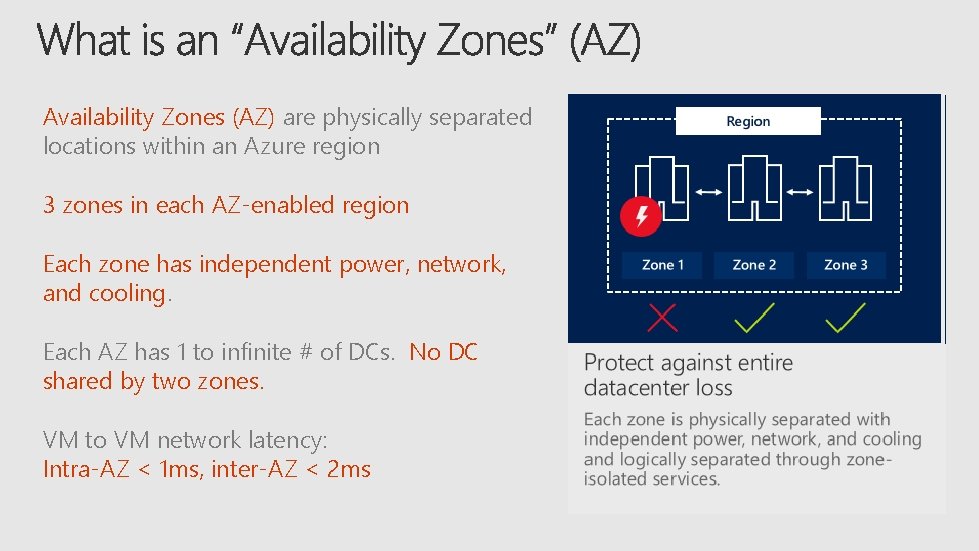 Availability Zones (AZ) are physically separated locations within an Azure region 3 zones in