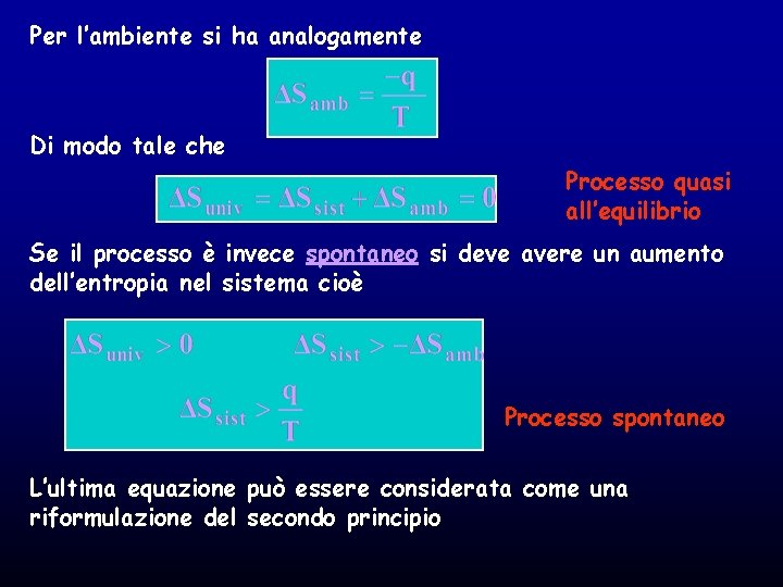 Per l’ambiente si ha analogamente Di modo tale che Processo quasi all’equilibrio Se il