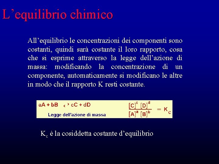 L’equilibrio chimico All’equilibrio le concentrazioni dei componenti sono costanti, quindi sarà costante il loro