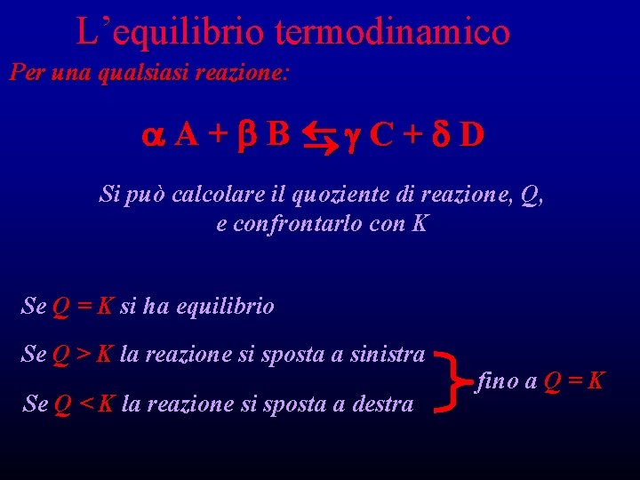 L’equilibrio termodinamico Per una qualsiasi reazione: A+ B C + D Si può calcolare