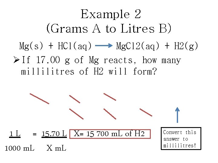 Example 2 (Grams A to Litres B) Mg(s) + HCl(aq) Mg. Cl 2(aq) +
