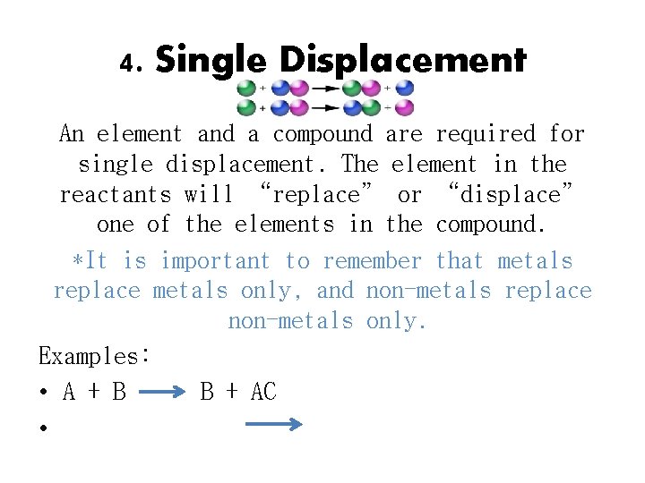 4. Single Displacement An element and a compound are required for single displacement. The