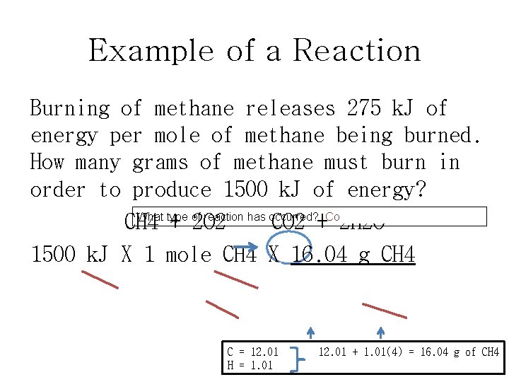 Example of a Reaction Burning of methane releases 275 k. J of energy per