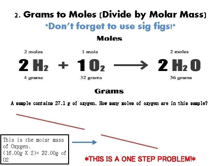2. Grams to Moles (Divide by Molar Mass) *Don’t forget to use sig figs!*