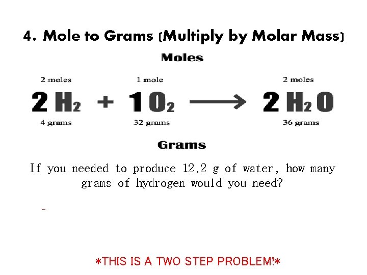4. Mole to Grams (Multiply by Molar Mass) If you needed to produce 12.