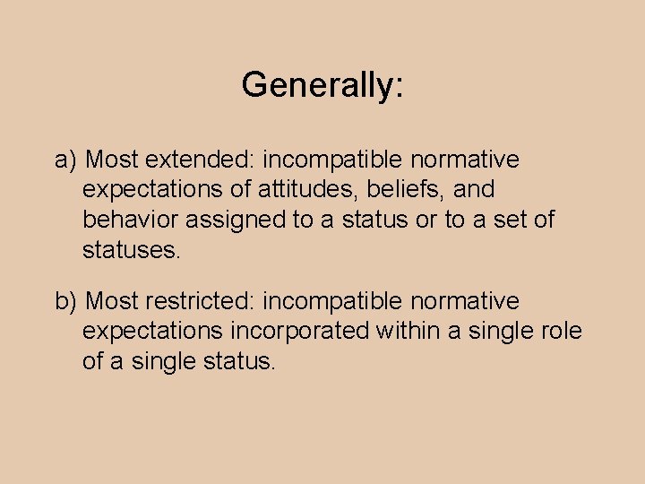 Generally: a) Most extended: incompatible normative expectations of attitudes, beliefs, and behavior assigned to