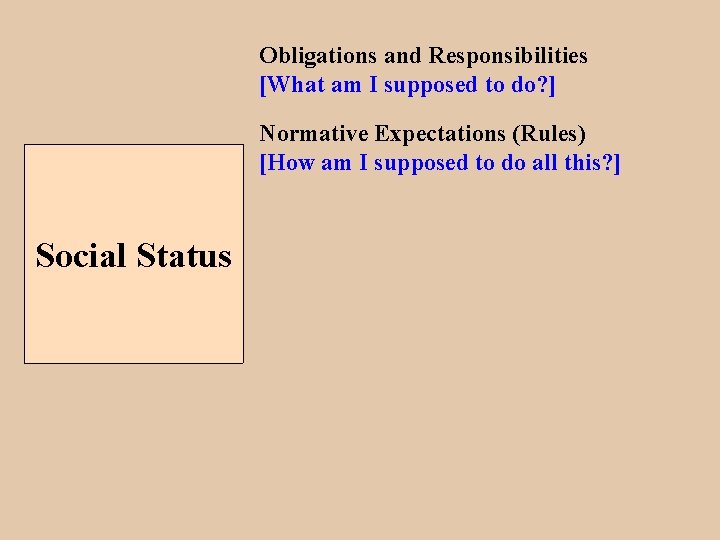 Obligations and Responsibilities [What am I supposed to do? ] Normative Expectations (Rules) [How