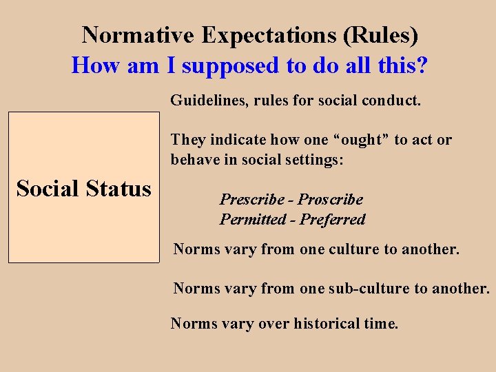 Normative Expectations (Rules) How am I supposed to do all this? Guidelines, rules for