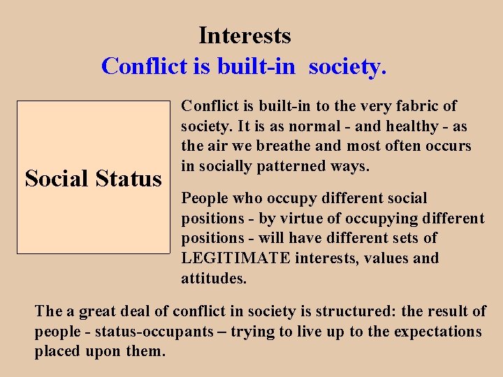 Interests Conflict is built-in society. Social Status Conflict is built-in to the very fabric