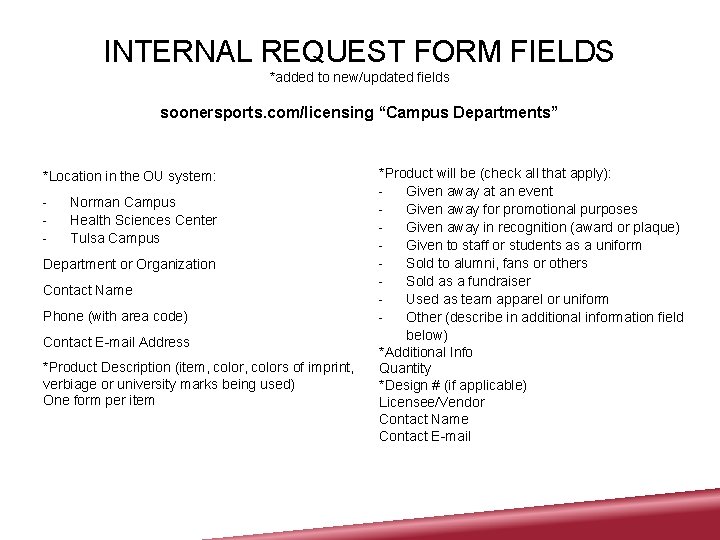 INTERNAL REQUEST FORM FIELDS *added to new/updated fields soonersports. com/licensing “Campus Departments” *Location in